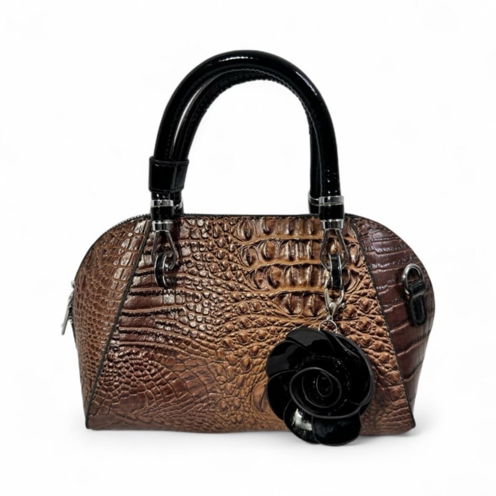 BROWN CROCODILE EMBOSSED MINI DOME BAG WITH ROSE CHARM WOMAN